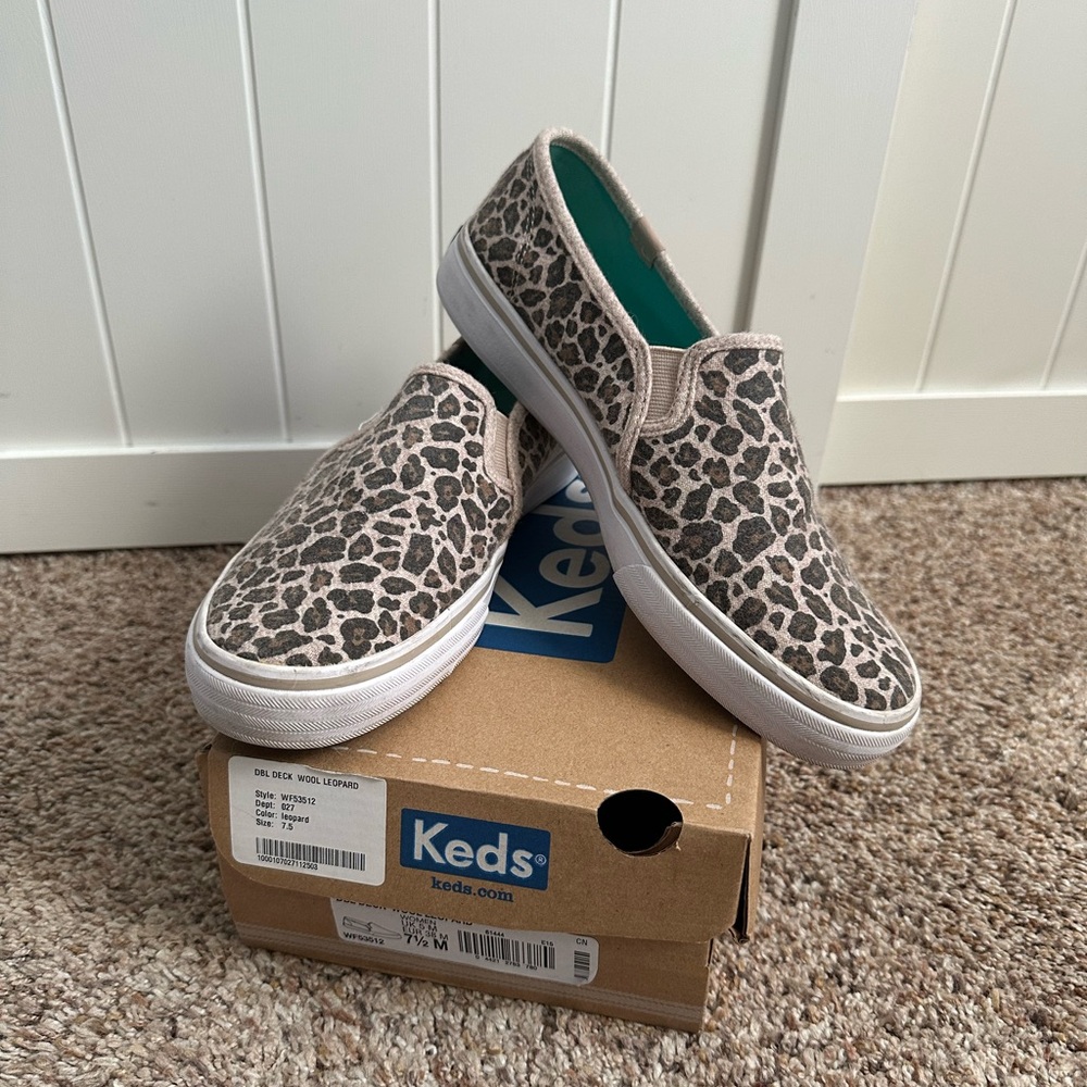 Keds Double Decker Wool Leopard Slip-On Sneakers Women’s Size 7.5 7 1/2 With Box